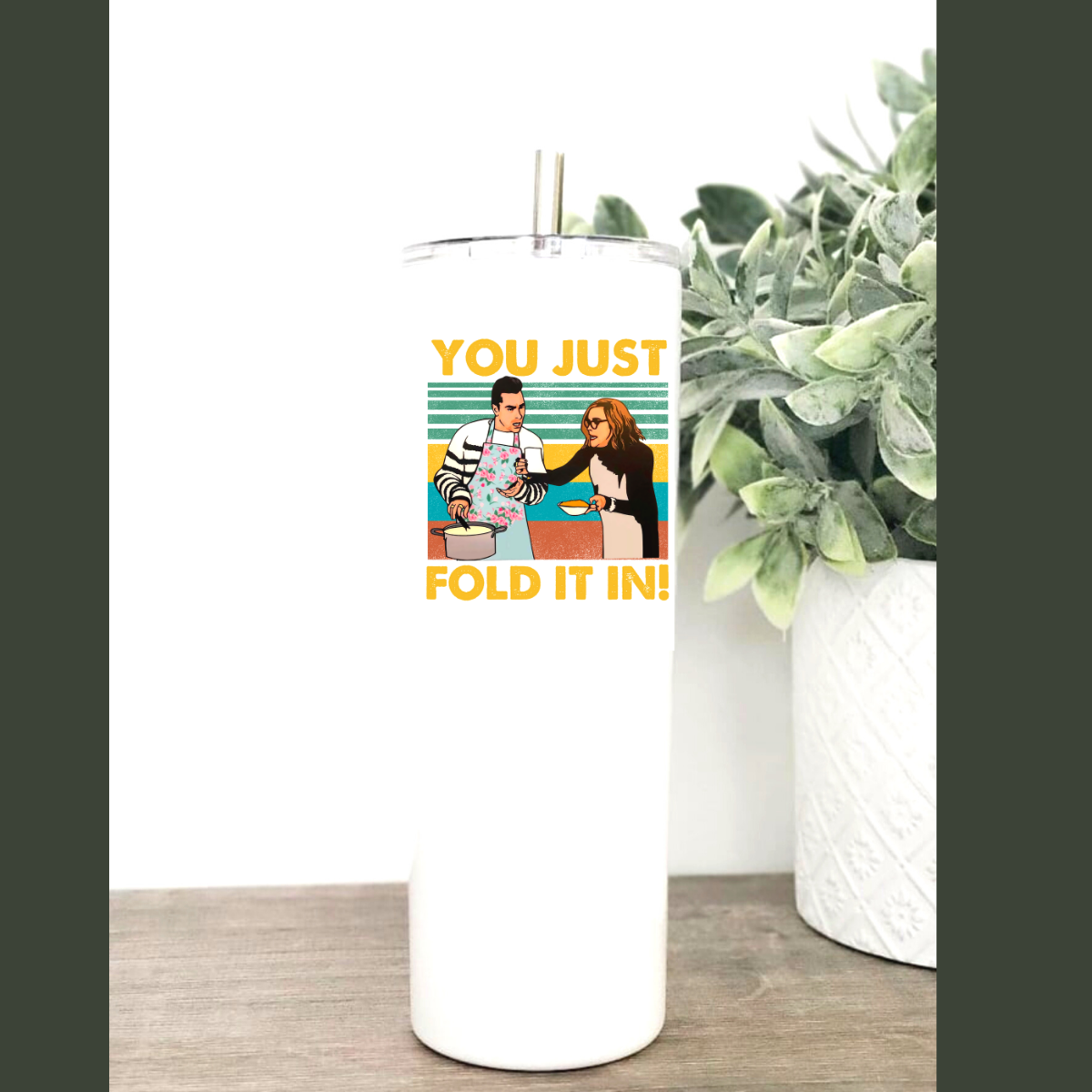 Fold In The Cheese SC Tumbler in stainless steel with clear slider lid and straw, available in 20 or 30 oz sizes.